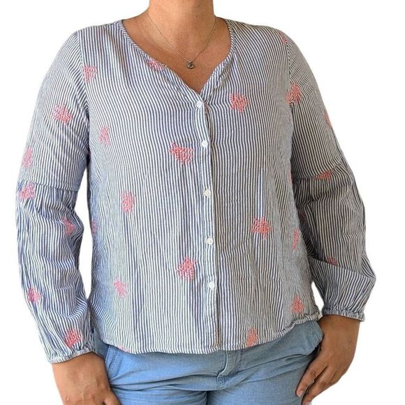 Crown & Ivy Light Blue White Striped Button Down Blouse Coral Embroidered Size M - Picture 1 of 6